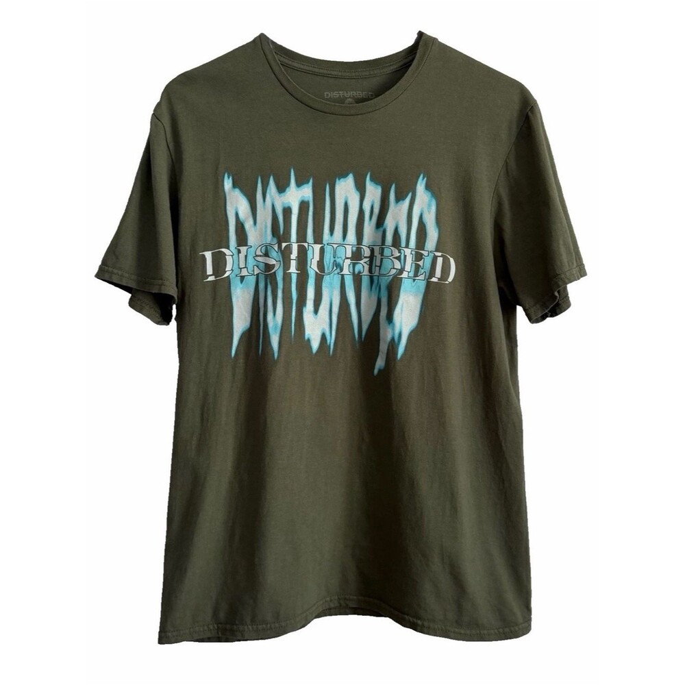 Disturbed Band Olive Green Glow T-Shirt Size Medium 100% Cotton Tour Tee Unisex